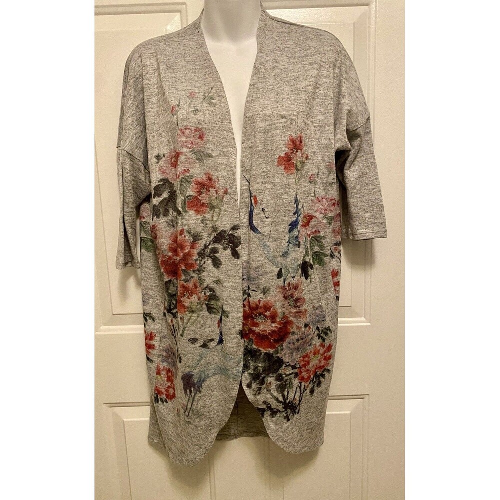 Ginger G Large Women’s Gray Floral 3/4 Sleeve Open Front‎ Kimono Cardigan Jacket